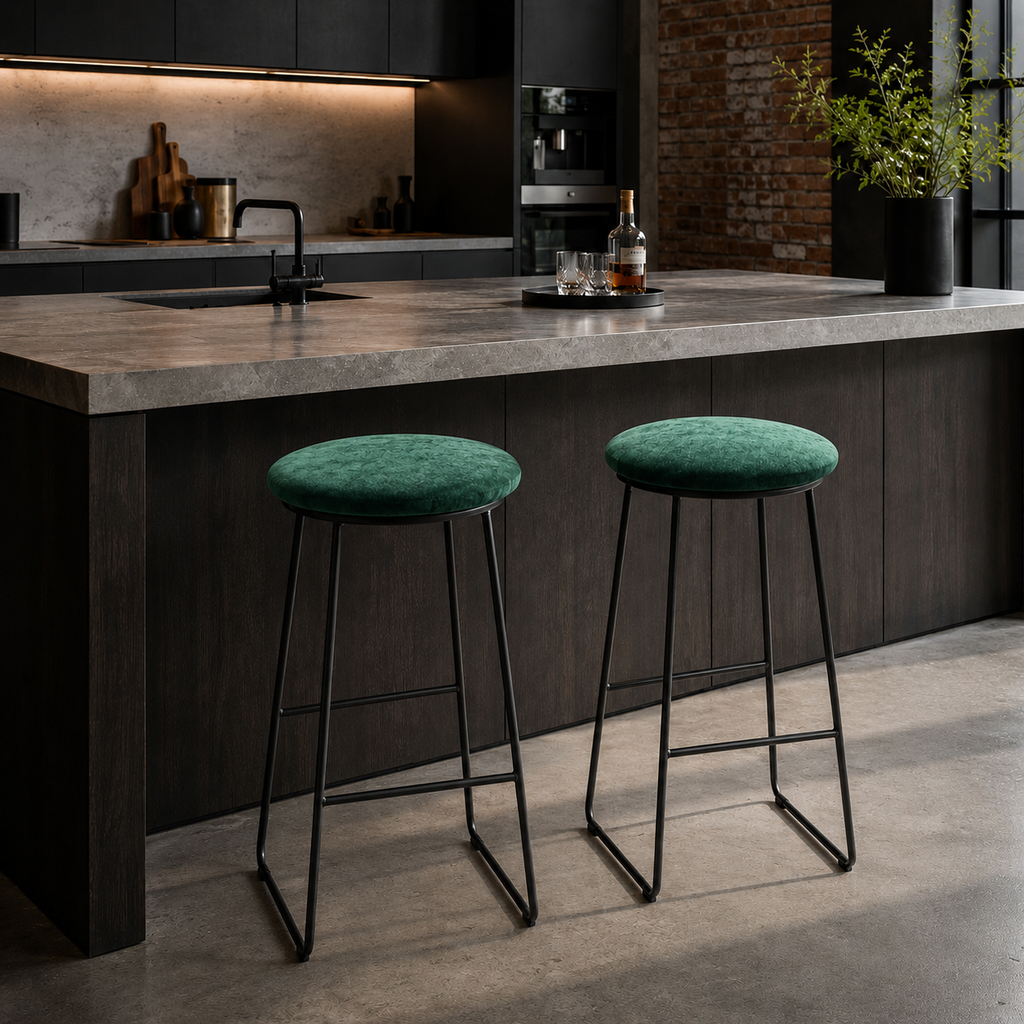 Set of 2 x Green Velvet - Metal Bar Stools - Upholstered in Melbourne