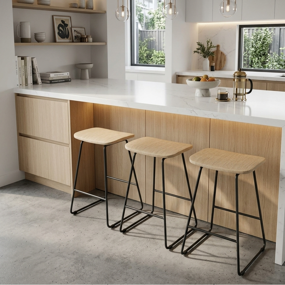 Set of 3 x Corduroy Beige Metal Bar Stools - Upholstered in Melbourne