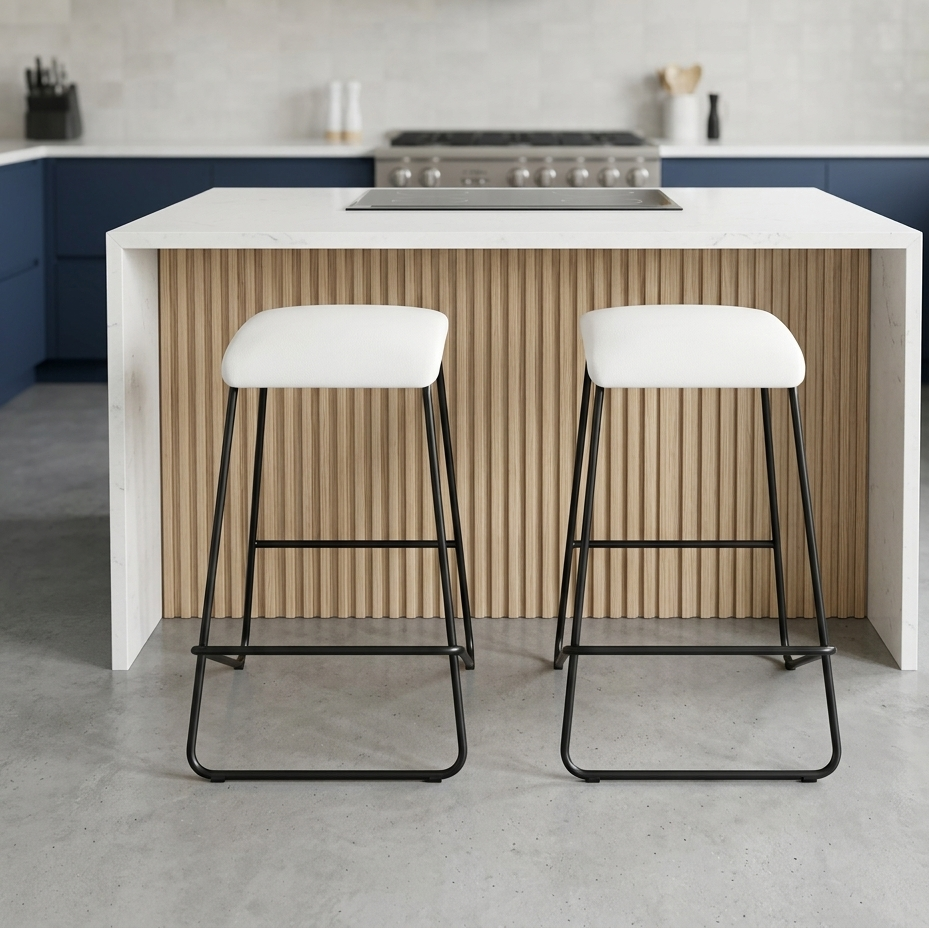 Set of 2 x White Leather - Metal Bar Stools - Upholstered in Melbourne