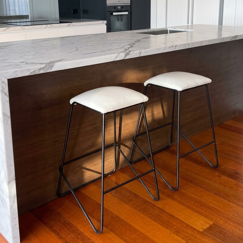Set of 2 x White Leather - Metal Bar Stools - Upholstered in Melbourne