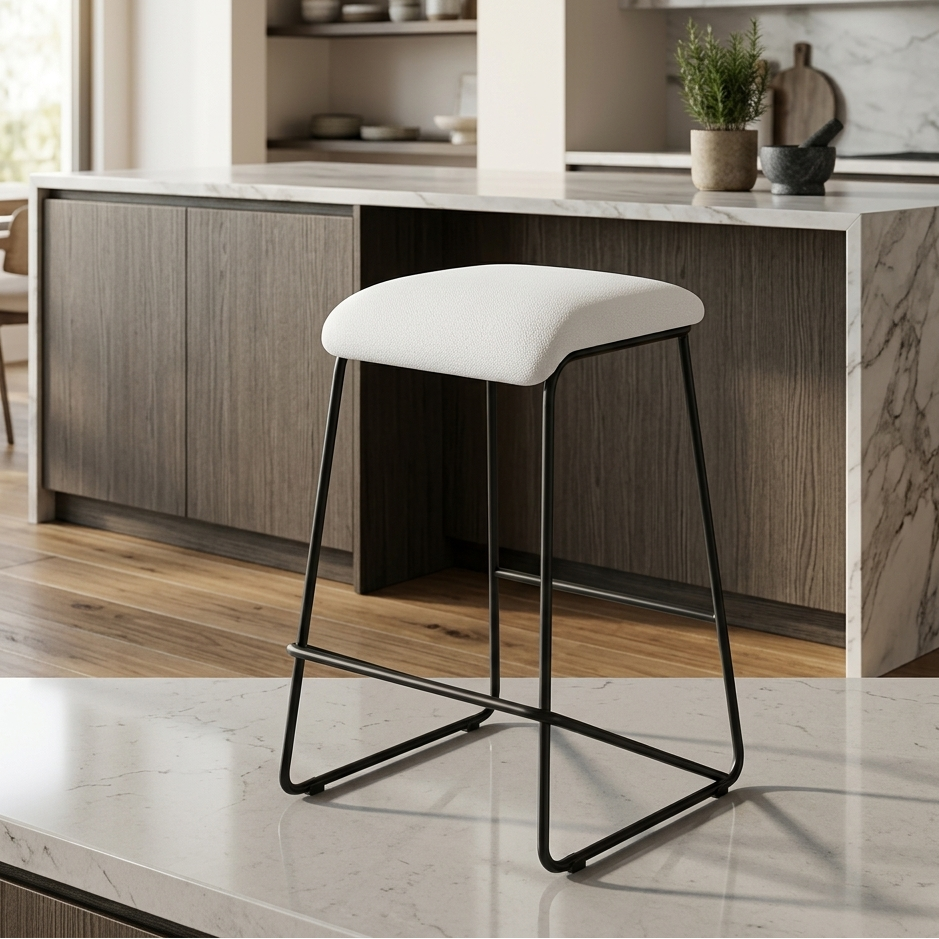 Set of 2 x White Leather - Metal Bar Stools - Upholstered in Melbourne