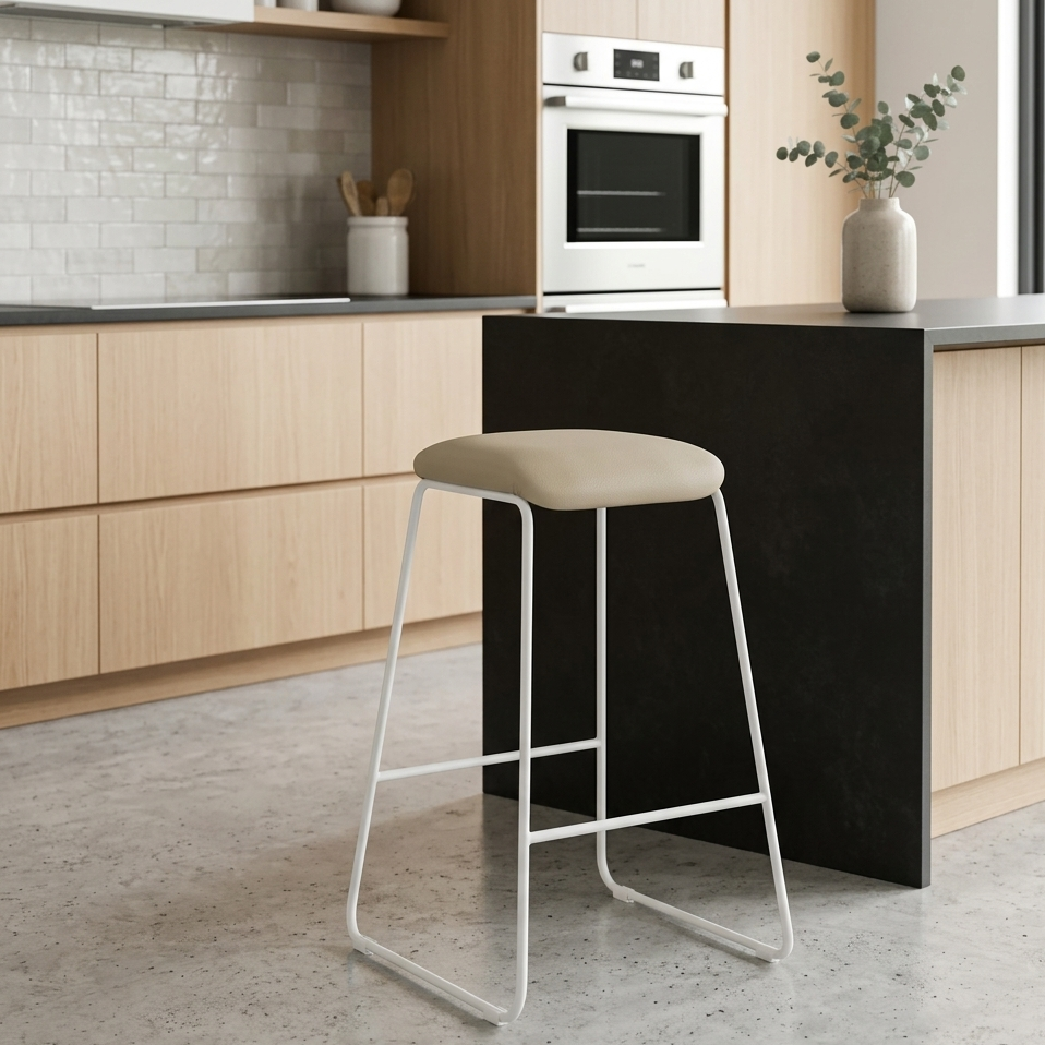 Set Of 3 x Beige Vinyl Waterfall Edge Bar Stools - Upholstered in Melbourne