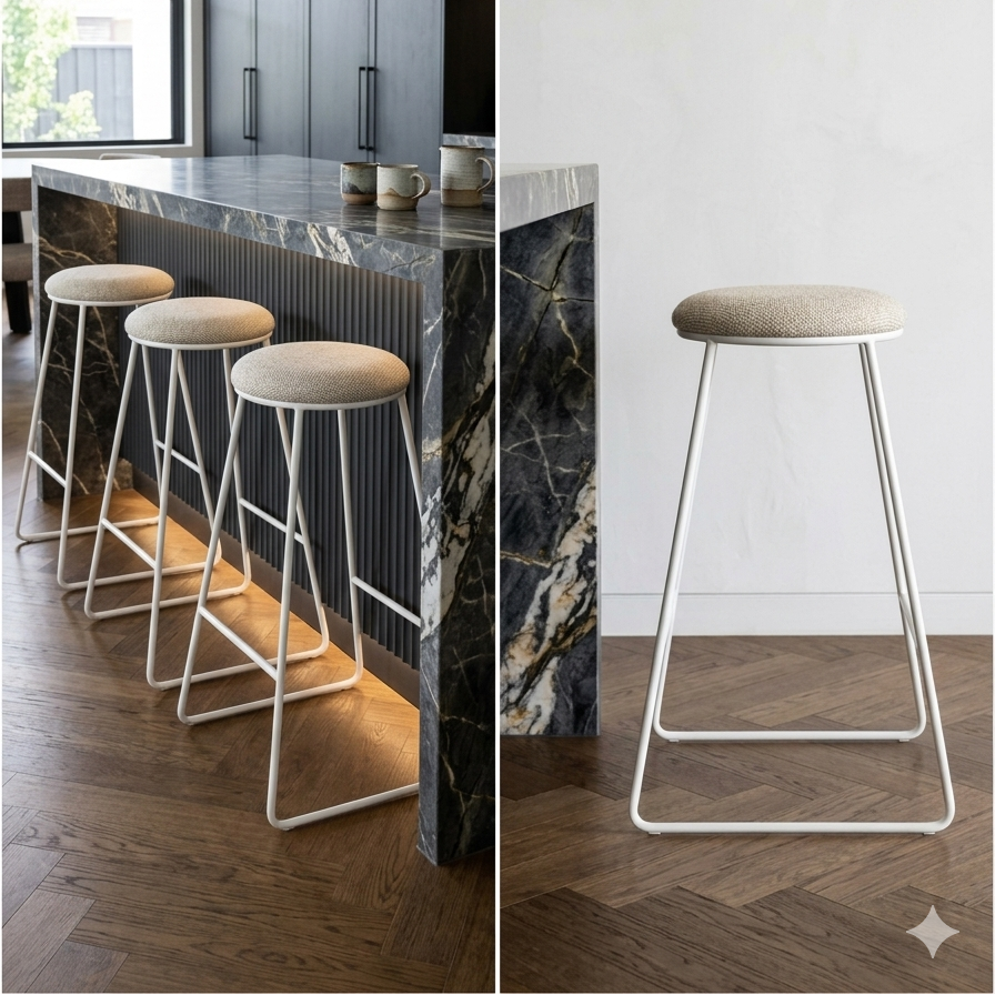 Set Of 3 x Beige/Taupe Textured Round Bar Stools - Upholstered in Melbourne
