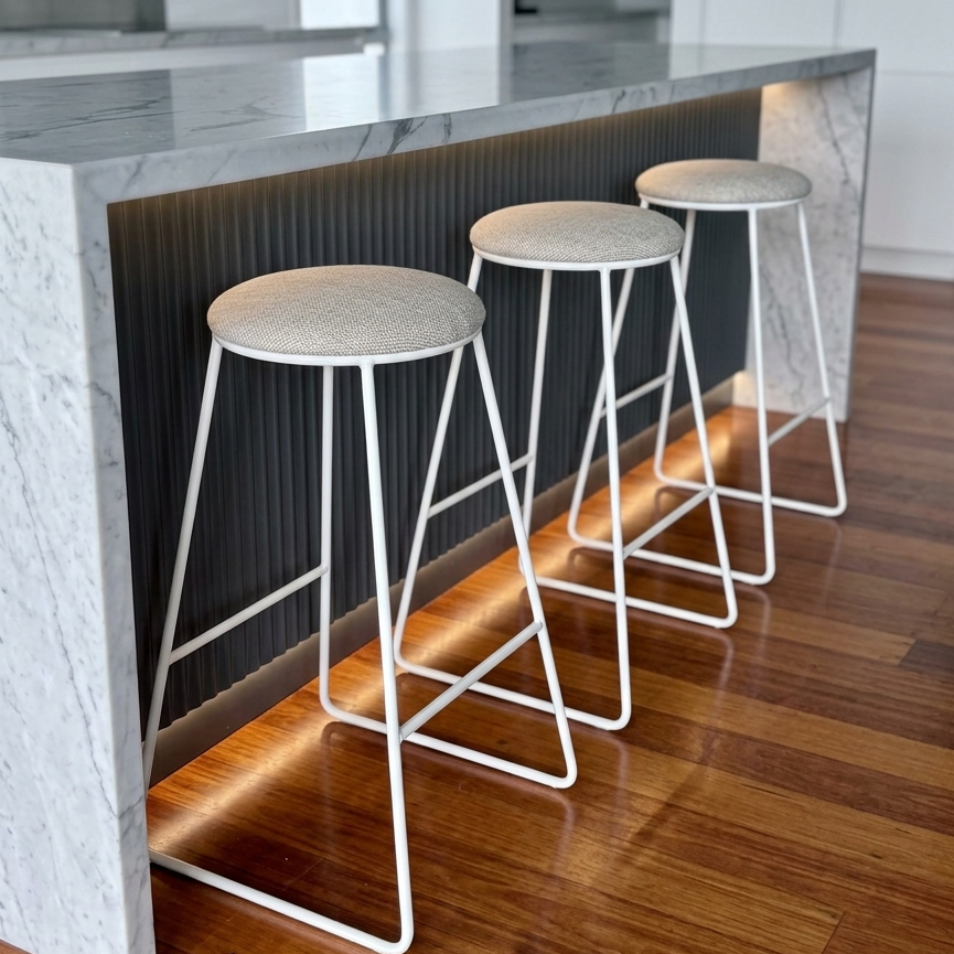 Set Of 3 x Beige/Taupe Textured Round Bar Stools - Upholstered in Melbourne