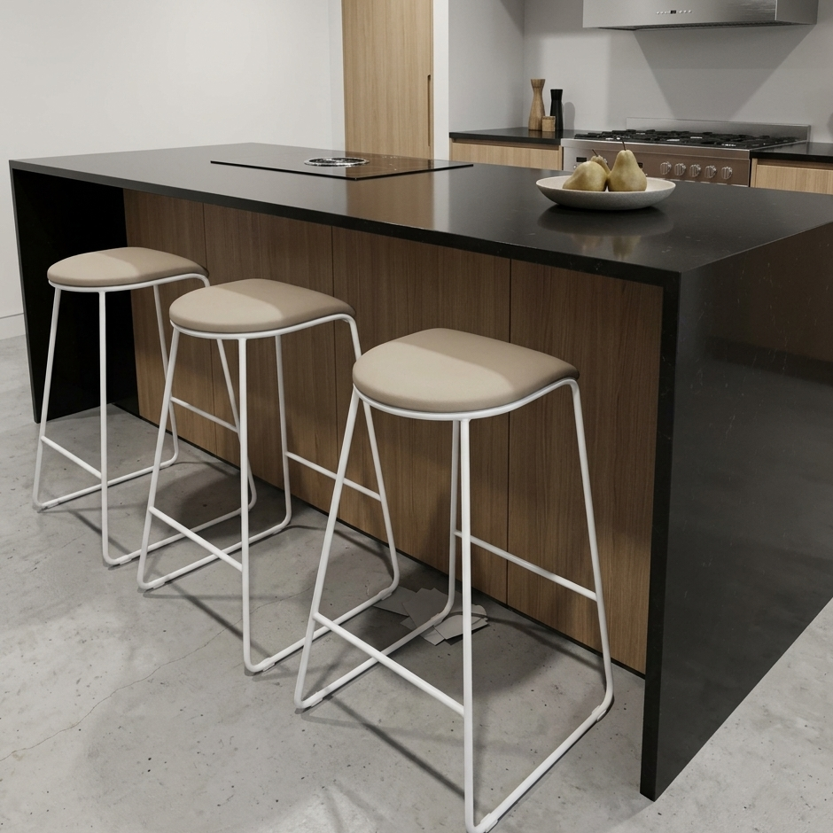 Set Of 3 x Beige Vinyl Waterfall Edge Bar Stools - Upholstered in Melbourne