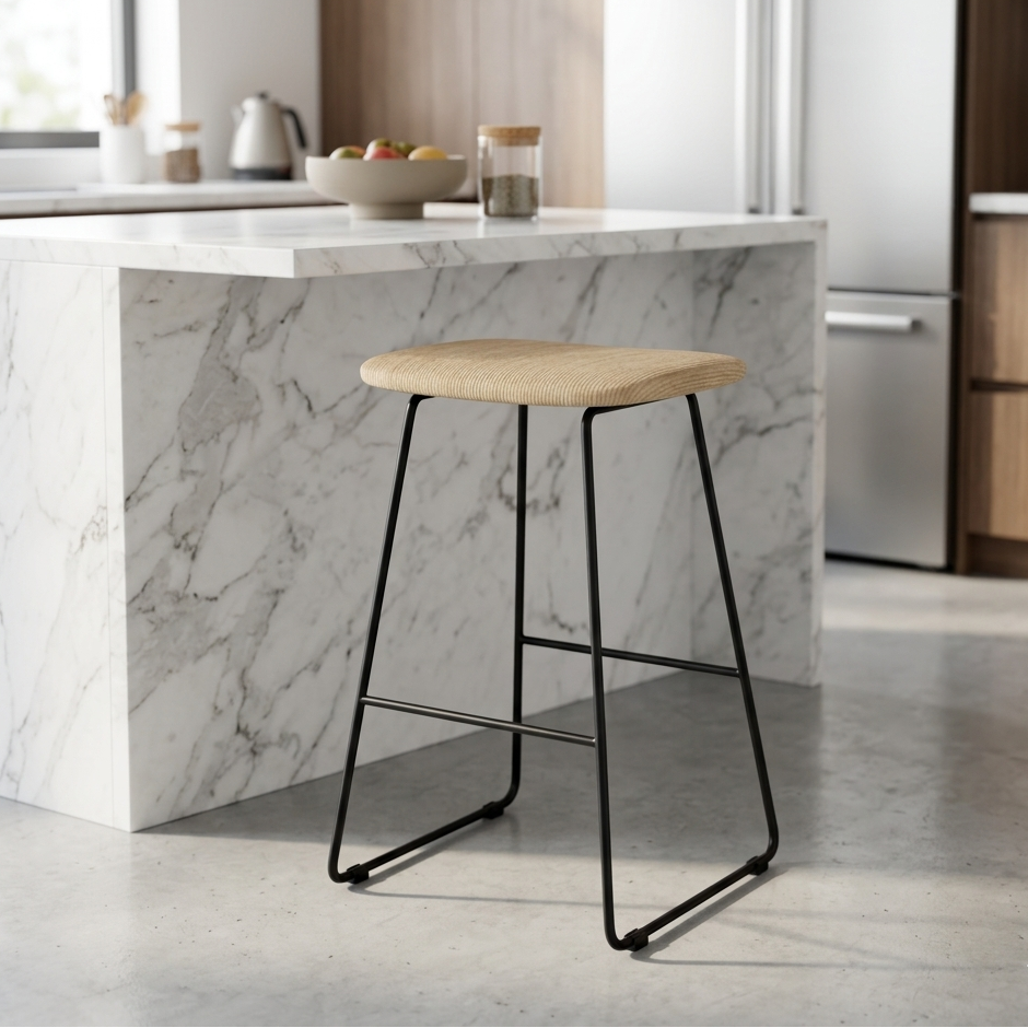 Set of 3 x Corduroy Beige Metal Bar Stools - Upholstered in Melbourne